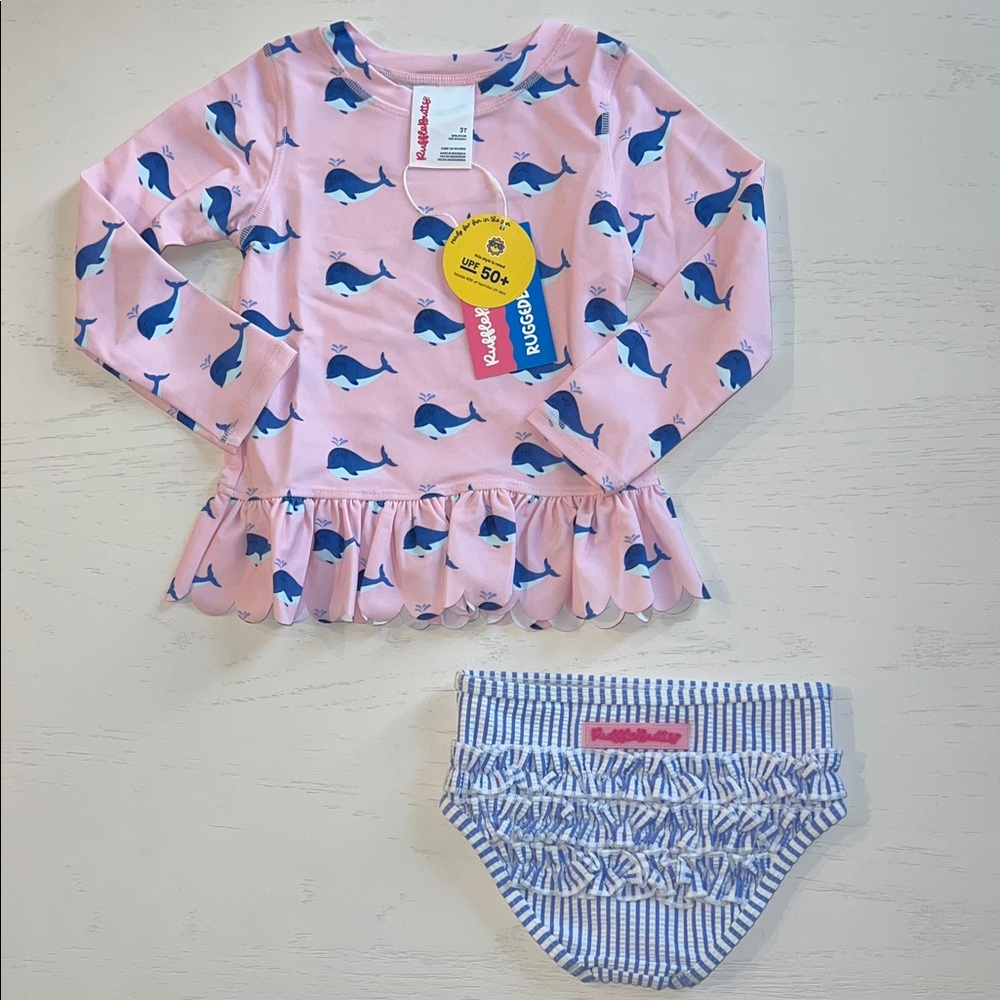 Rufflebutts Pink Whale Rash Guard Swimsuit Set 3T 5 - Picture 3 of 7